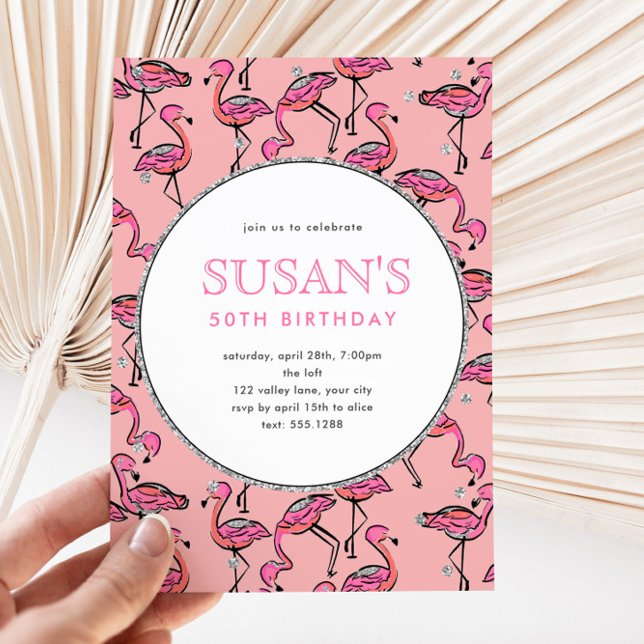 Invitación Fiesta de cumpleaños del Purpurina Plata Flamingo  (Subido por el creador)