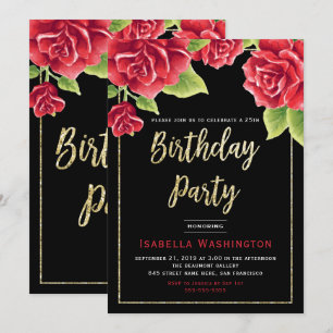 Invitación Fiesta de cumpleaños del Purpurina Red Roses Black