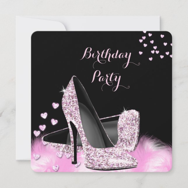 Invitación Fiesta de cumpleaños del Purpurina Rosa High Heels (Anverso)