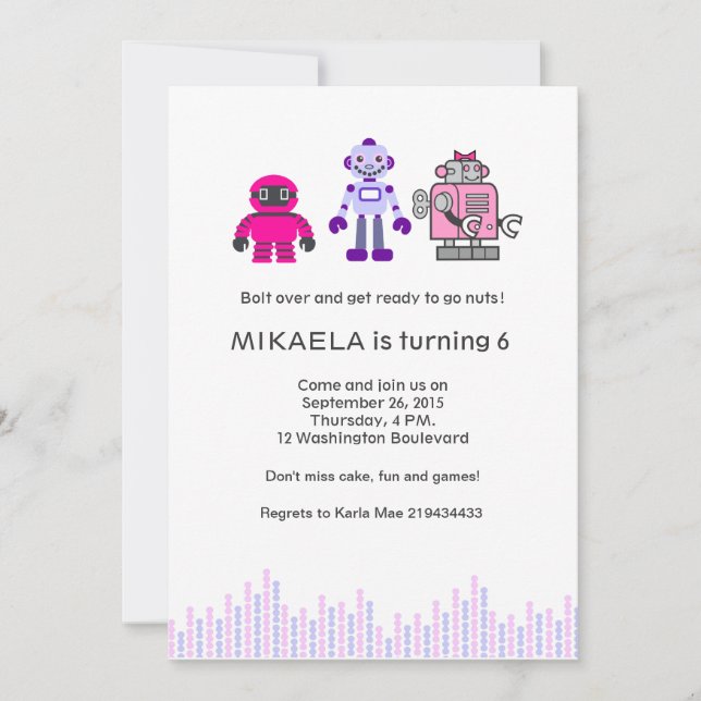 Invitación Fiesta de cumpleaños del robot del chica (Anverso)