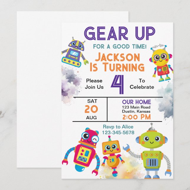 Invitación Fiesta de Cumpleaños del Robot Gear Up (Anverso / Reverso)