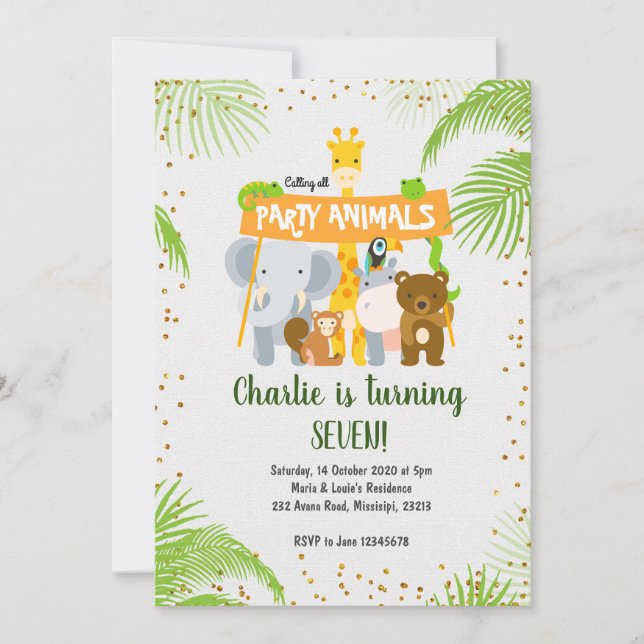 Invitación Fiesta de cumpleaños del Safari de la Selva Animal (Anverso)