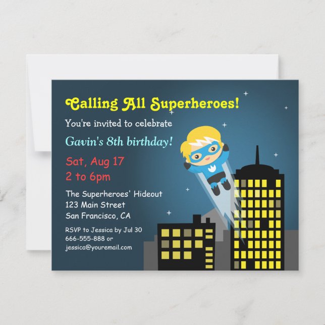 Invitación Fiesta de Cumpleaños del Superhéroe Volador Lindo (Anverso)