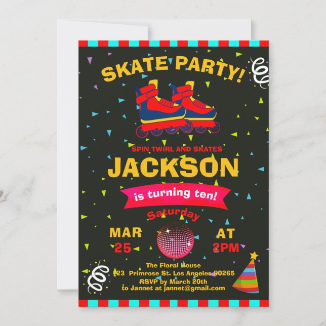 Invitación Fiesta de cumpleaños del tablero de patines (Anverso)