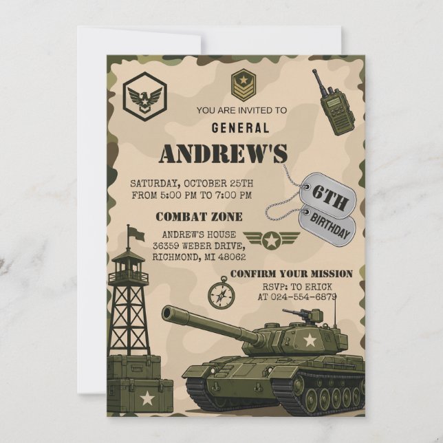 Invitación Fiesta de Cumpleaños del Tanque de Camuflaje Perso (Anverso)