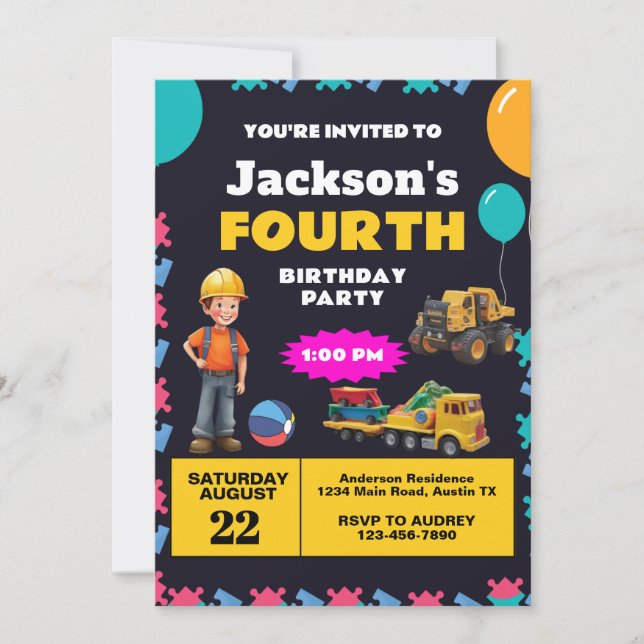 Invitación Fiesta de cumpleaños del tema de construcción (Anverso)