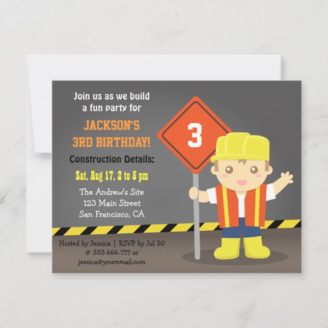 Invitación Fiesta de cumpleaños del tema de construcción de B (Anverso)