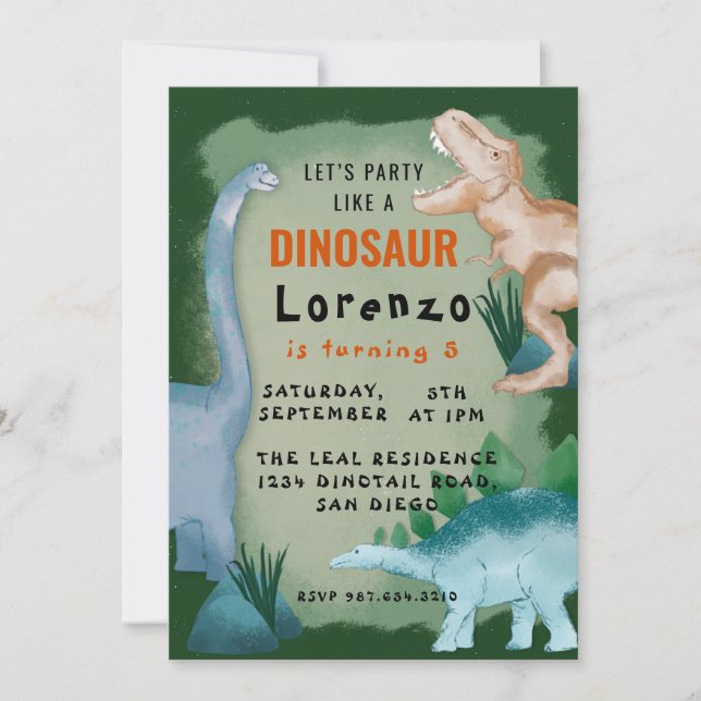 Invitación Fiesta de cumpleaños del tema de los dinosaurios i (Anverso)