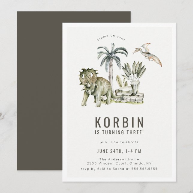 Invitación Fiesta de cumpleaños del tema de los dinosaurios p (Anverso / Reverso)