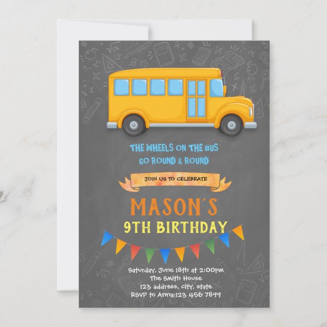 Invitación Fiesta de cumpleaños del tema del autobús escolar (Anverso)