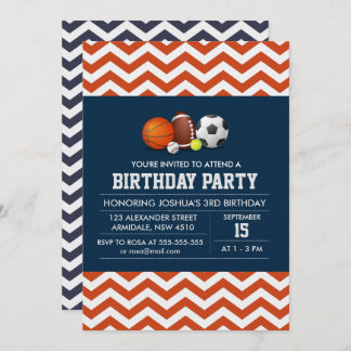Invitación fiesta de cumpleaños del tema del chevron deportiv