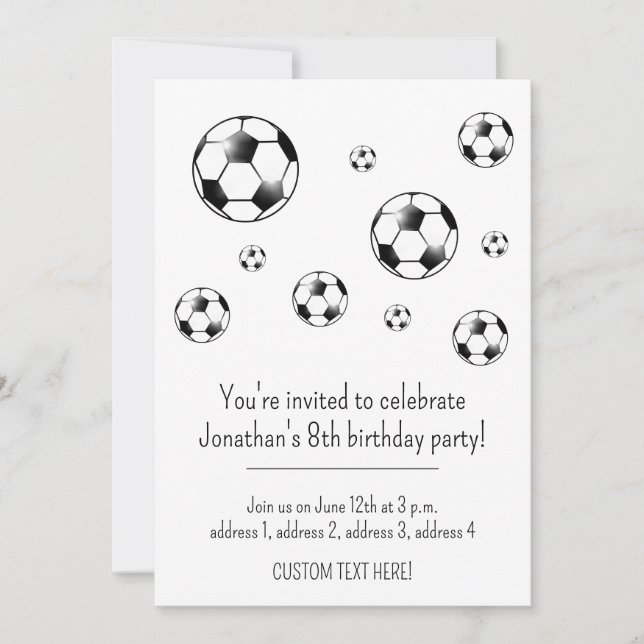 Invitación Fiesta de cumpleaños del tema del fútbol negro y b (Anverso)