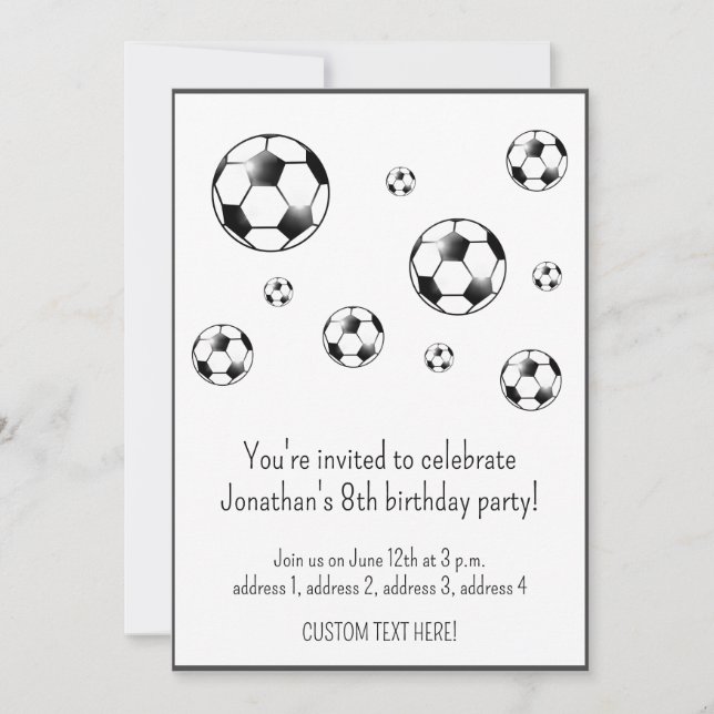 Invitación Fiesta de cumpleaños del tema del fútbol negro y b (Anverso)