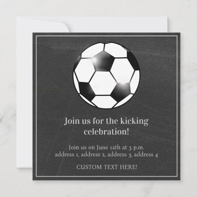 Invitación Fiesta de cumpleaños del tema del fútbol negro y b (Anverso)