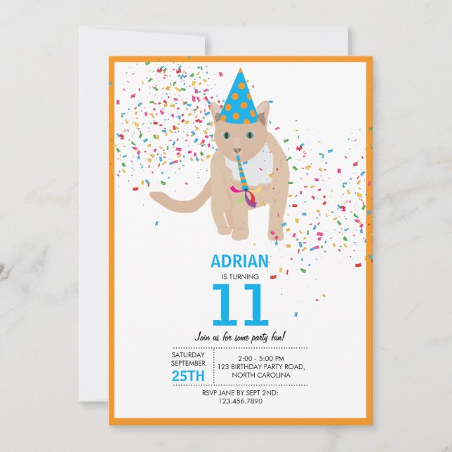 Invitación Fiesta de cumpleaños del tema del gato divertida (Anverso)