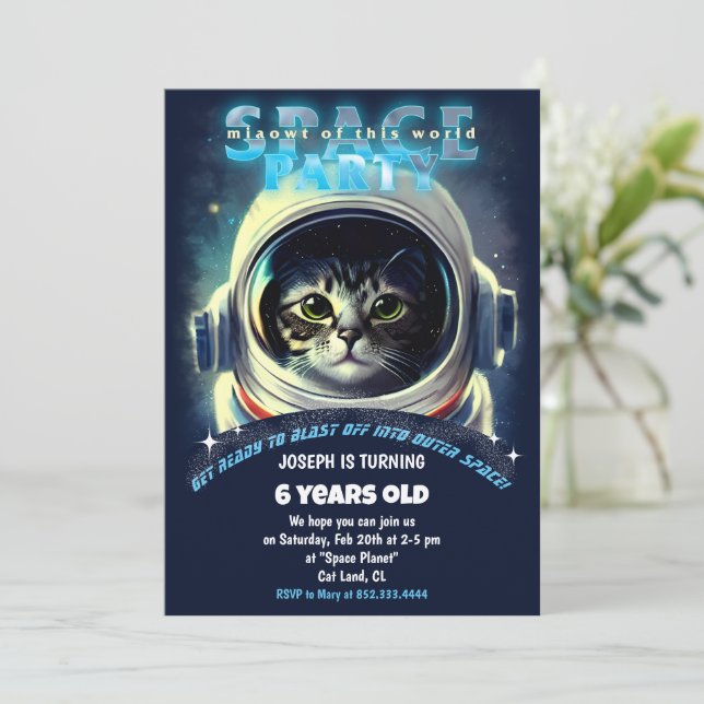 Invitación Fiesta de cumpleaños del tema del gato espacial (Anverso de pie)