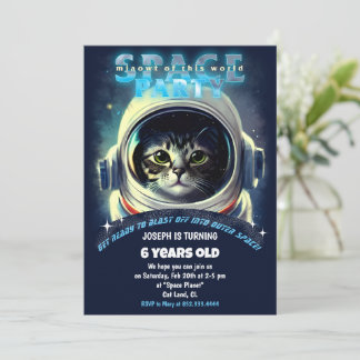 Invitación Fiesta de cumpleaños del tema del gato espacial