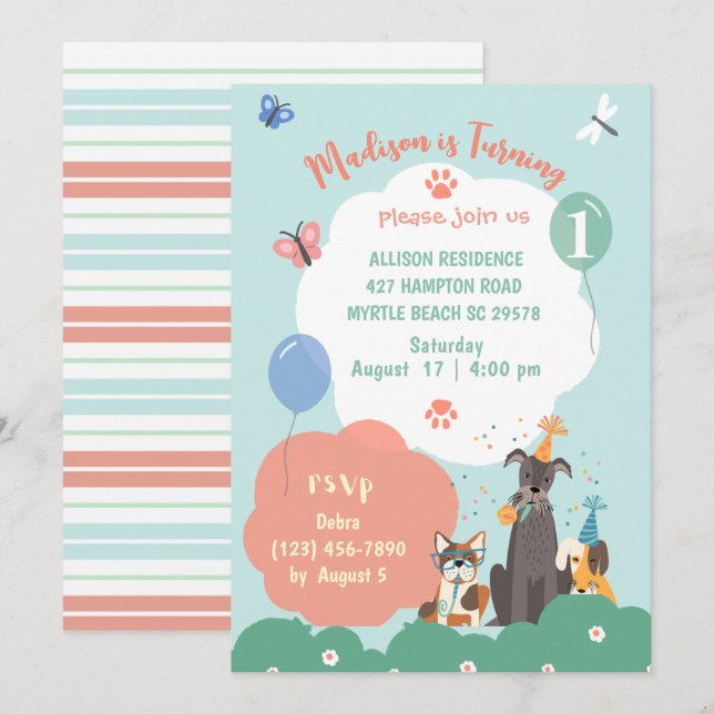 Invitación Fiesta de cumpleaños del tema del perro (Anverso / Reverso)