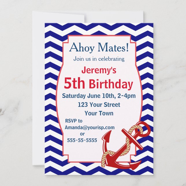 Invitación Fiesta de cumpleaños del tema náutico (Anverso)