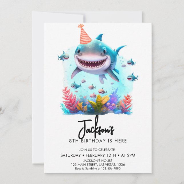 Invitación Fiesta de cumpleaños del tiburón blanco (Anverso)