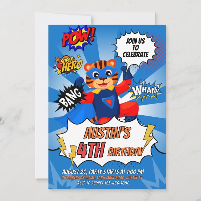 Invitación Fiesta de cumpleaños del Tigre Superhéroe (Anverso)
