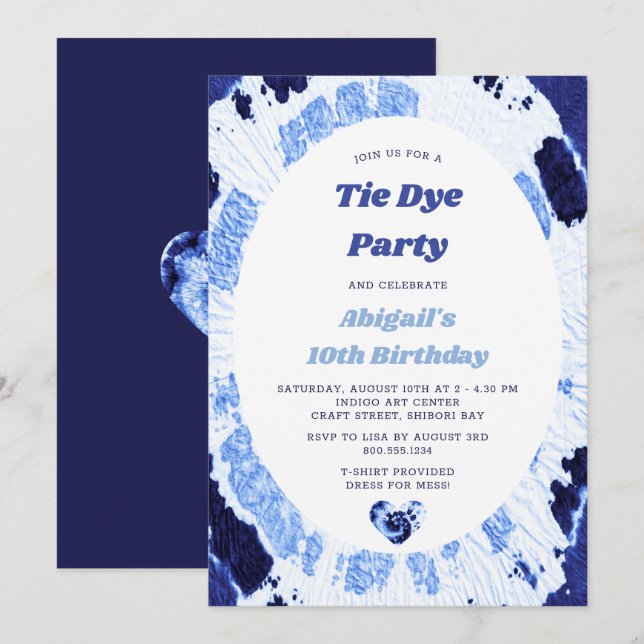 Invitación Fiesta de cumpleaños del tinte Indigo Blue Shibori (Anverso / Reverso)