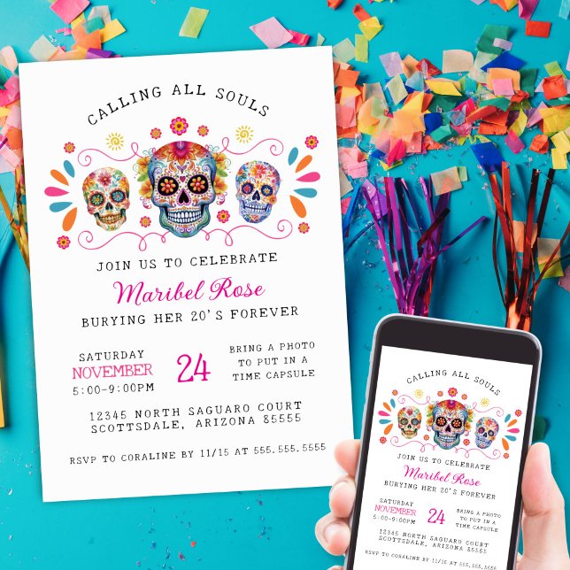 Invitación Fiesta de cumpleaños del torneo de los Muertos de  (colorful dia de los muertos party invitation for milestone birthday party for her 21 30 40 50 or 60)