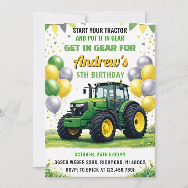 Invitación Fiesta de Cumpleaños del Tractor Verde Personal (Anverso)