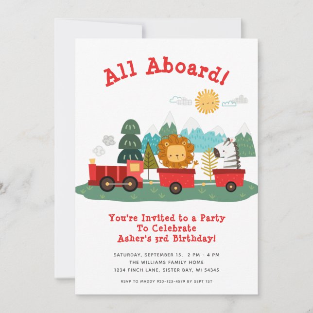Invitación Fiesta de cumpleaños del tren de animales (Anverso)