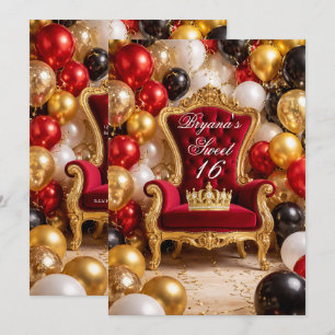 Invitación Fiesta de cumpleaños del Trono Real Rojo y Dorado