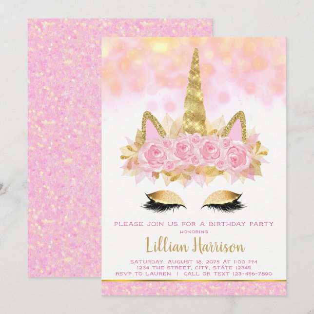 Invitación Fiesta de cumpleaños del Unicornio de Oro Rosa (Anverso / Reverso)