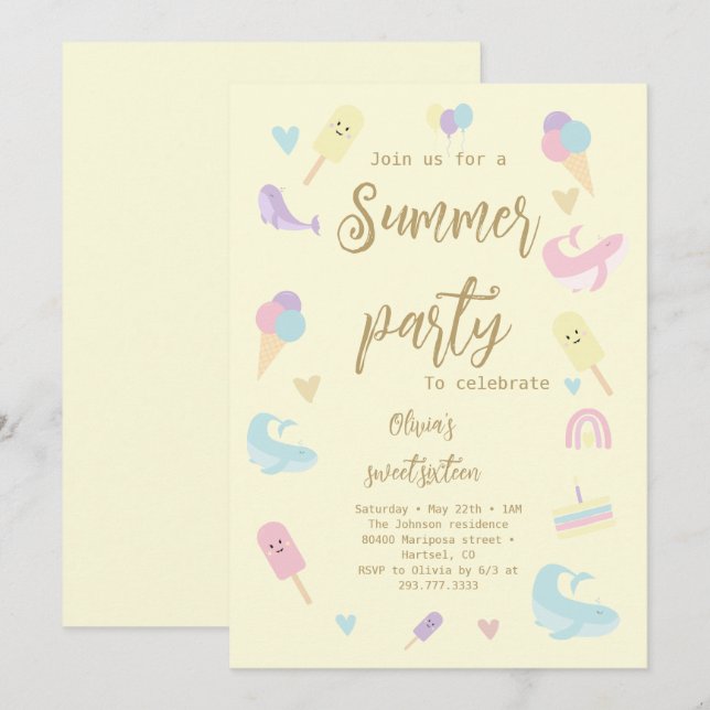 Invitación Fiesta de cumpleaños del verano de la caligrafía d (Anverso / Reverso)