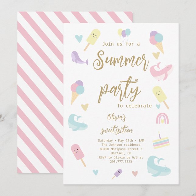 Invitación Fiesta de cumpleaños del verano de la caligrafía d (Anverso / Reverso)