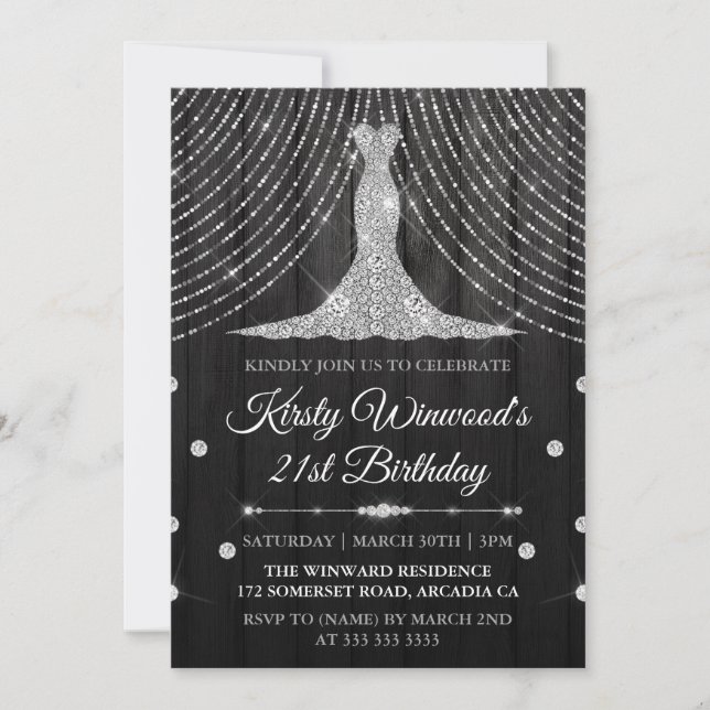 Invitación Fiesta de cumpleaños del vestido de diamante negro (Anverso)