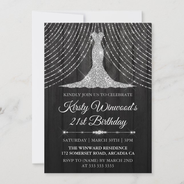 Invitación Fiesta de cumpleaños del vestido de diamante negro (Anverso)