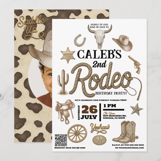 Invitación Fiesta de cumpleaños del viejo oeste Rodeo Western (Anverso / Reverso)