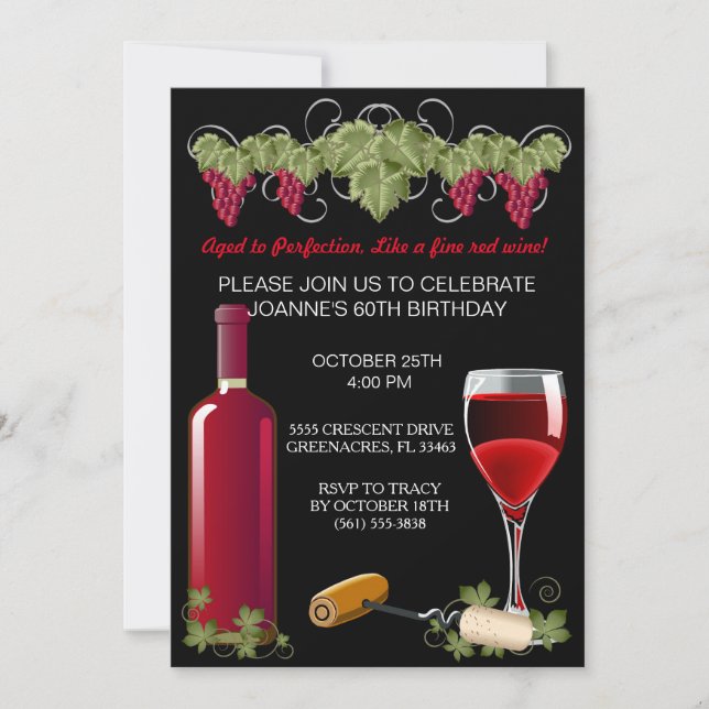 Invitación Fiesta De Cumpleaños Del Vino Adulto De Edad Avanz (Anverso)