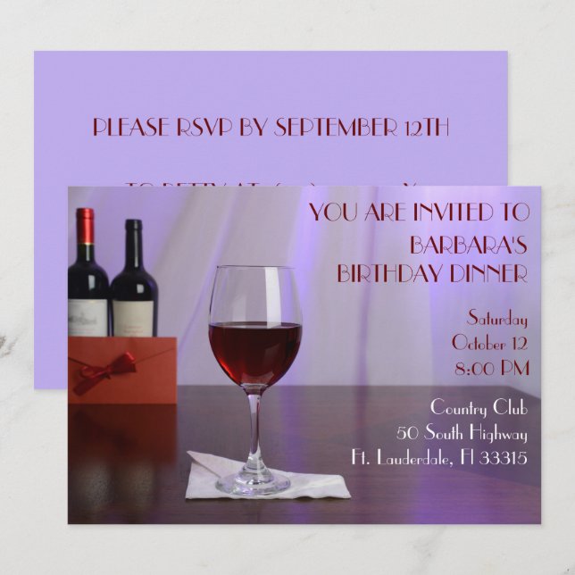 Invitación Fiesta de cumpleaños del vino Rojo Purple Ssofisti (Anverso / Reverso)