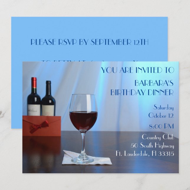 Invitación fiesta de cumpleaños del vino Rojo Sofisticado Azu (Anverso / Reverso)