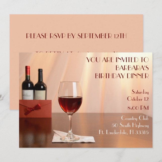 Invitación Fiesta de cumpleaños del vino Rojo Sofisticado de  (Anverso / Reverso)