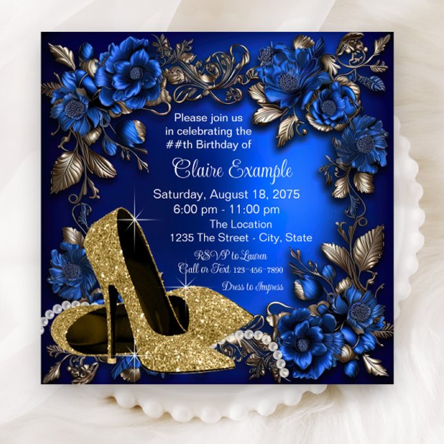 Invitación Fiesta de cumpleaños del zapato de oro azul para m (Elegant royal blue gold floral shoe any number birthday party and event invitation.)