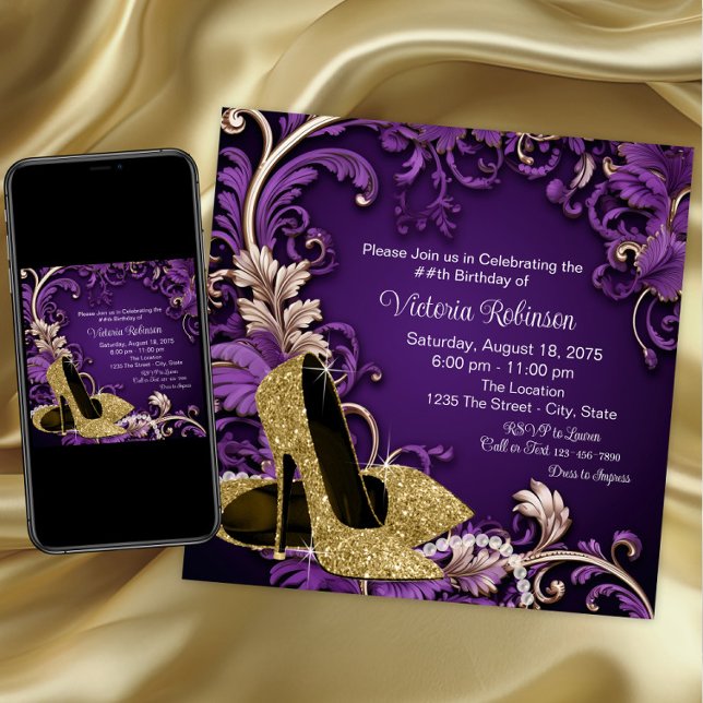 Invitación Fiesta de cumpleaños del zapato de oro púrpura de  (Purple gold shoe any event invitation. Instant download and printed invitations available.)