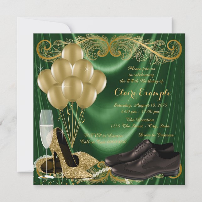Invitación Fiesta de cumpleaños del zapato de oro verde esmer (Anverso)