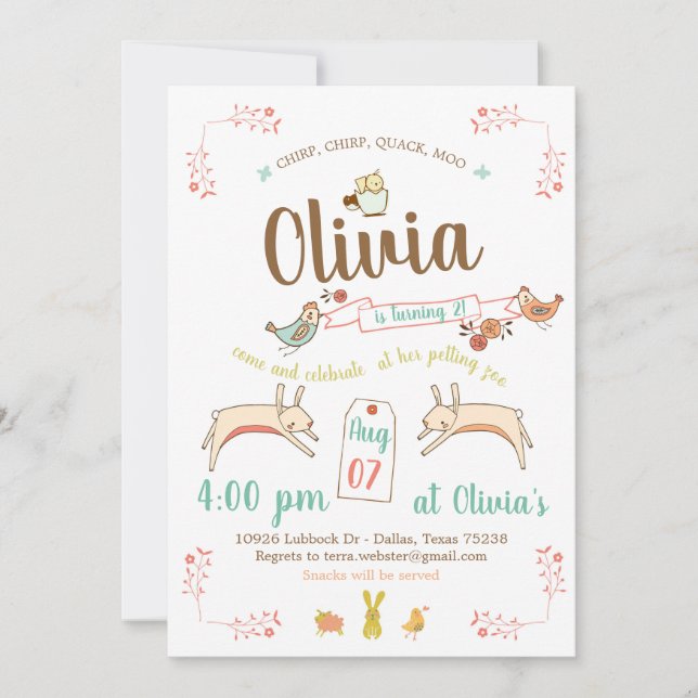 Invitación Fiesta de cumpleaños del zoológico de Petting (Anverso)