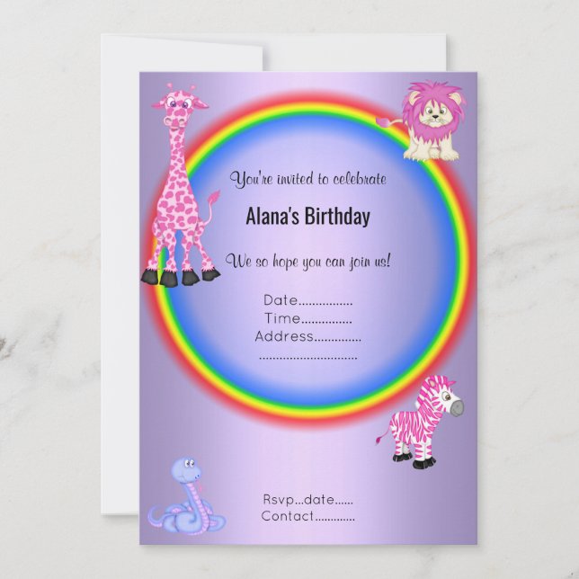 Invitación Fiesta de cumpleaños del zoológico Purple Rainbow (Anverso)