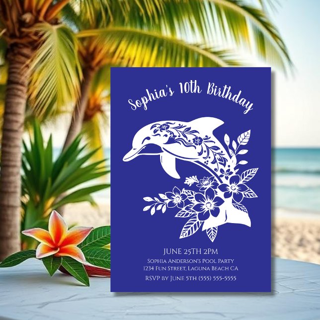 Invitación Fiesta de Cumpleaños-Delfín Hawaiano Flores Tropic (Hawaiian Dolphin, Flippin Fabulous, Islander Summer, Beach, Fisherman Trend, wine tumbler,blue)