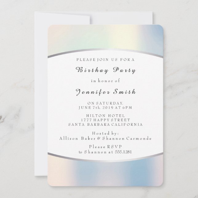 Invitación Fiesta de cumpleaños Delicada Rosa Plata Opal (Anverso)