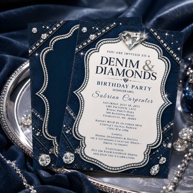 Invitación Fiesta de cumpleaños Denim & Diamonds Azul Marino (Subido por el creador)