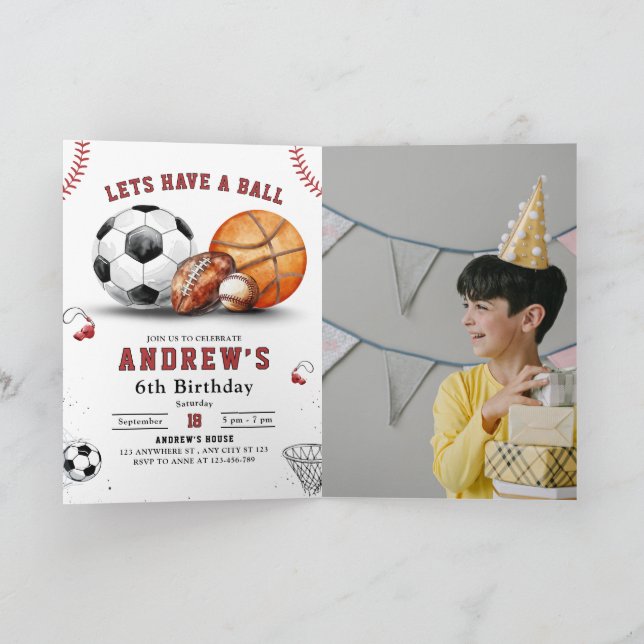 Invitación Fiesta de Cumpleaños Deportes Baloncesto Fútbol So (Interior)