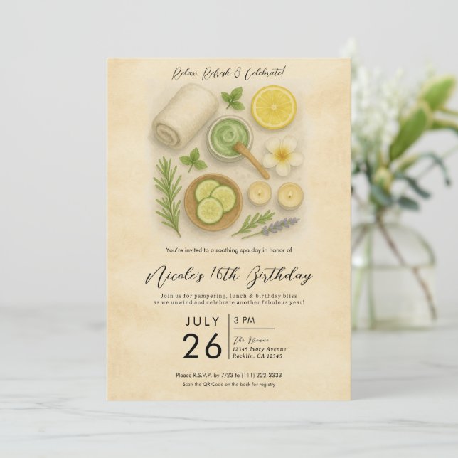 Invitación Fiesta de Cumpleaños Día de Belleza y Relajación e (Anverso de pie)